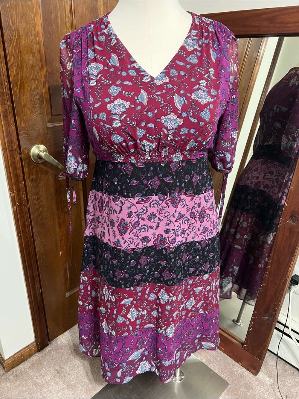 Roz & Ali Women’s Size 14 Floral Paisley Midi Dress Burgundy Pink Boho